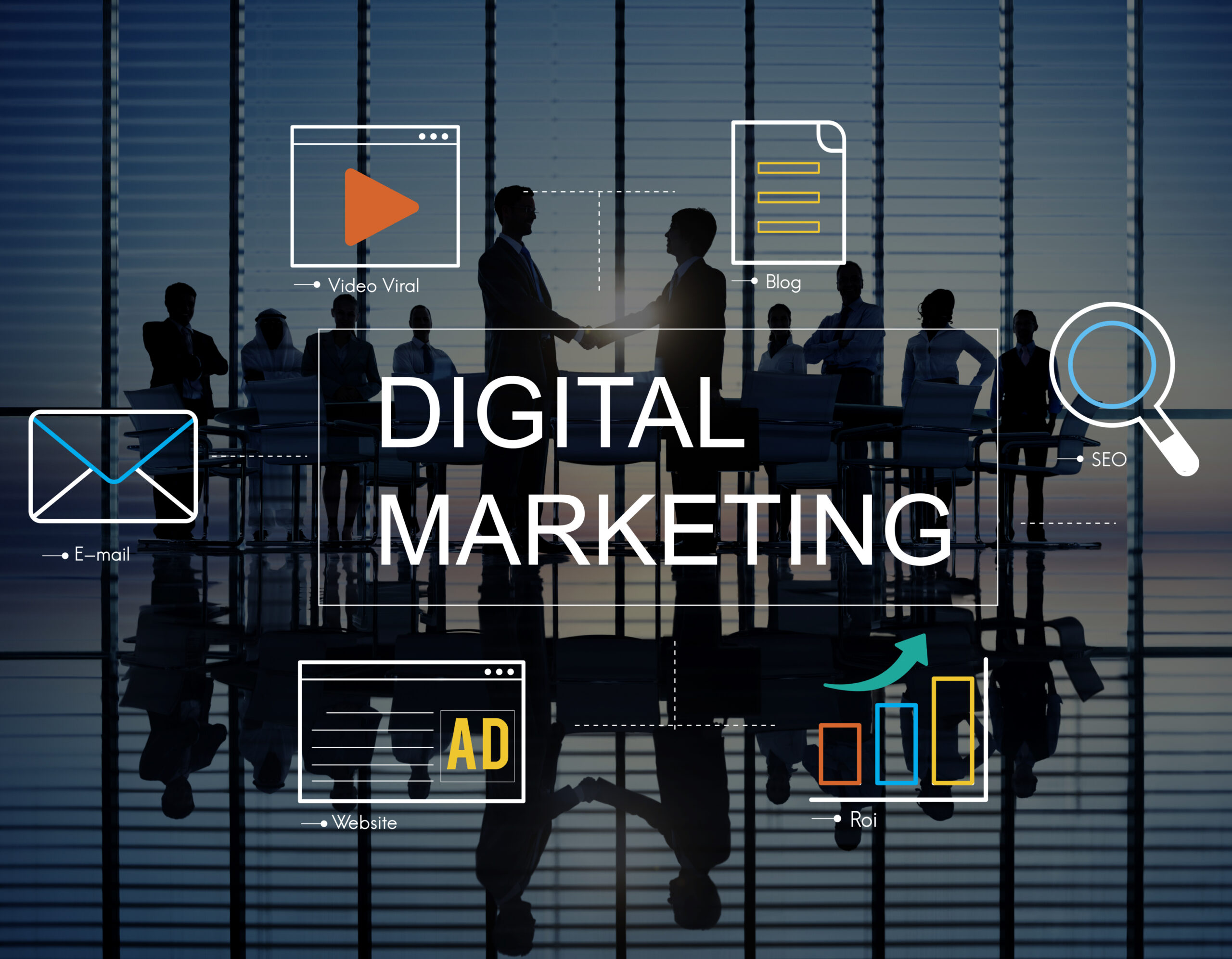 Visual representation of different types of digital marketing including SEO, email, blog content, video marketing, and ROI.