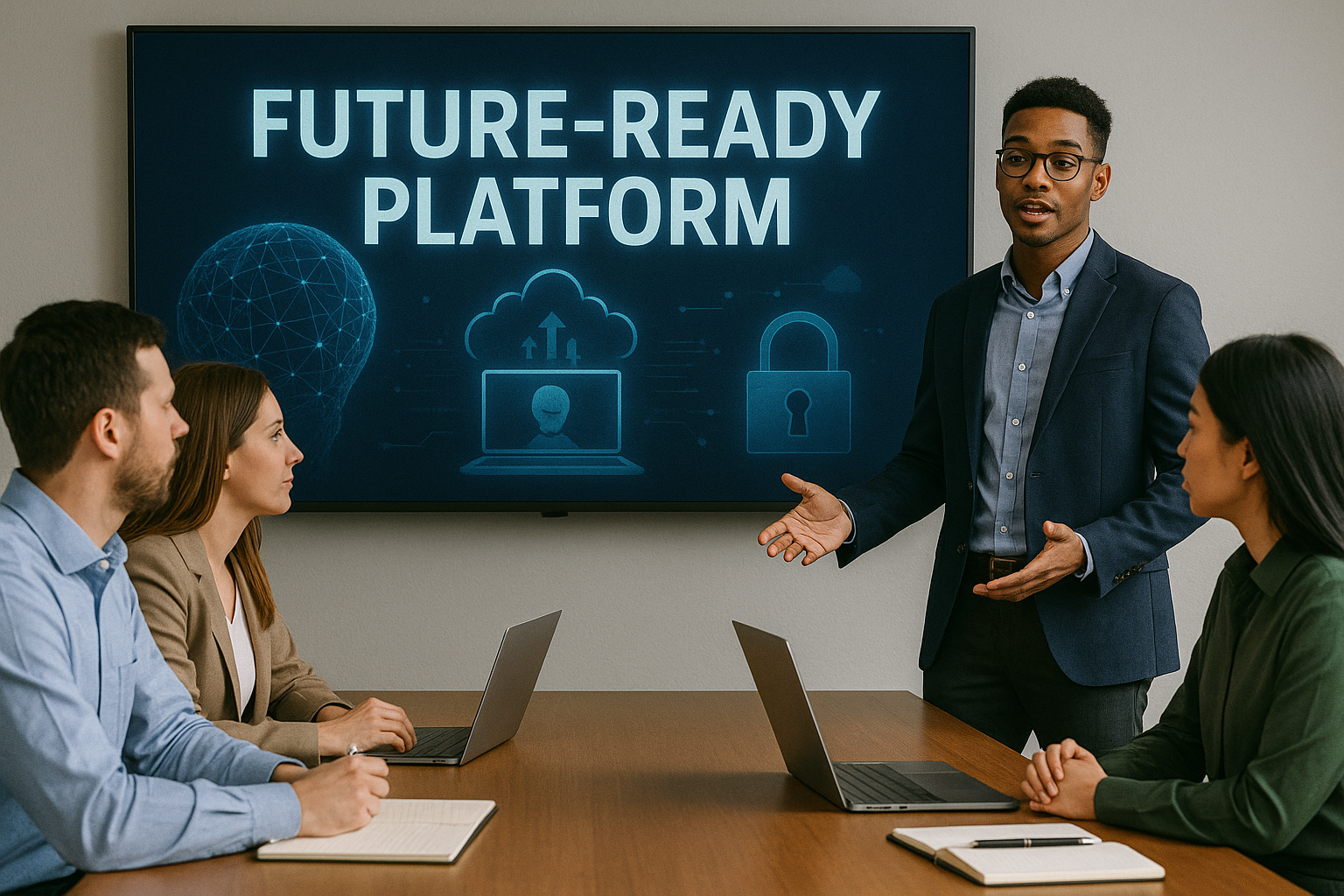 Man presenting future-ready platform to marketing team using digital icons