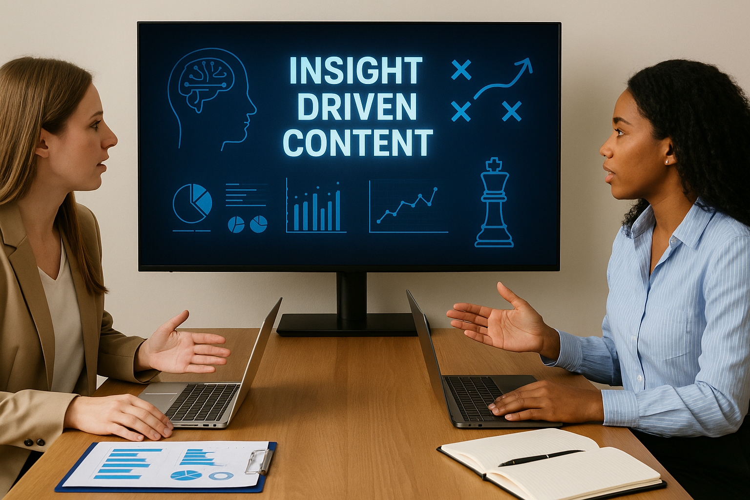Two marketers discussing insight-driven content strategies with analytics dashboard