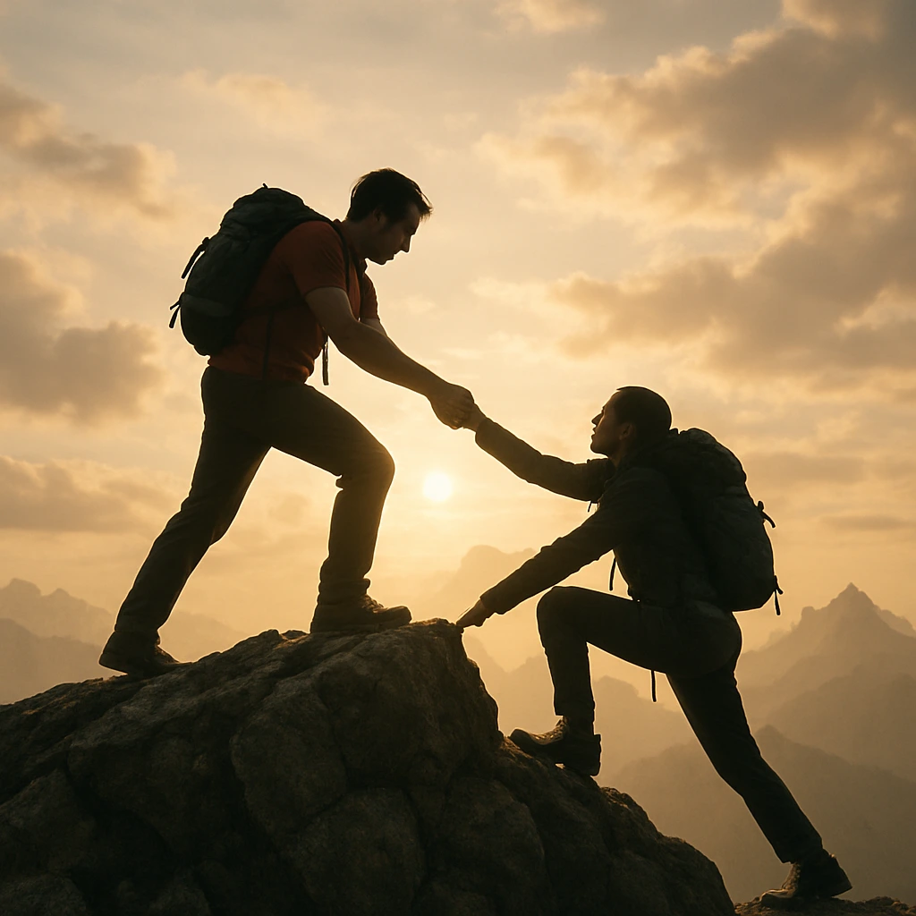 Hiker helping another climb a mountain during sunset.